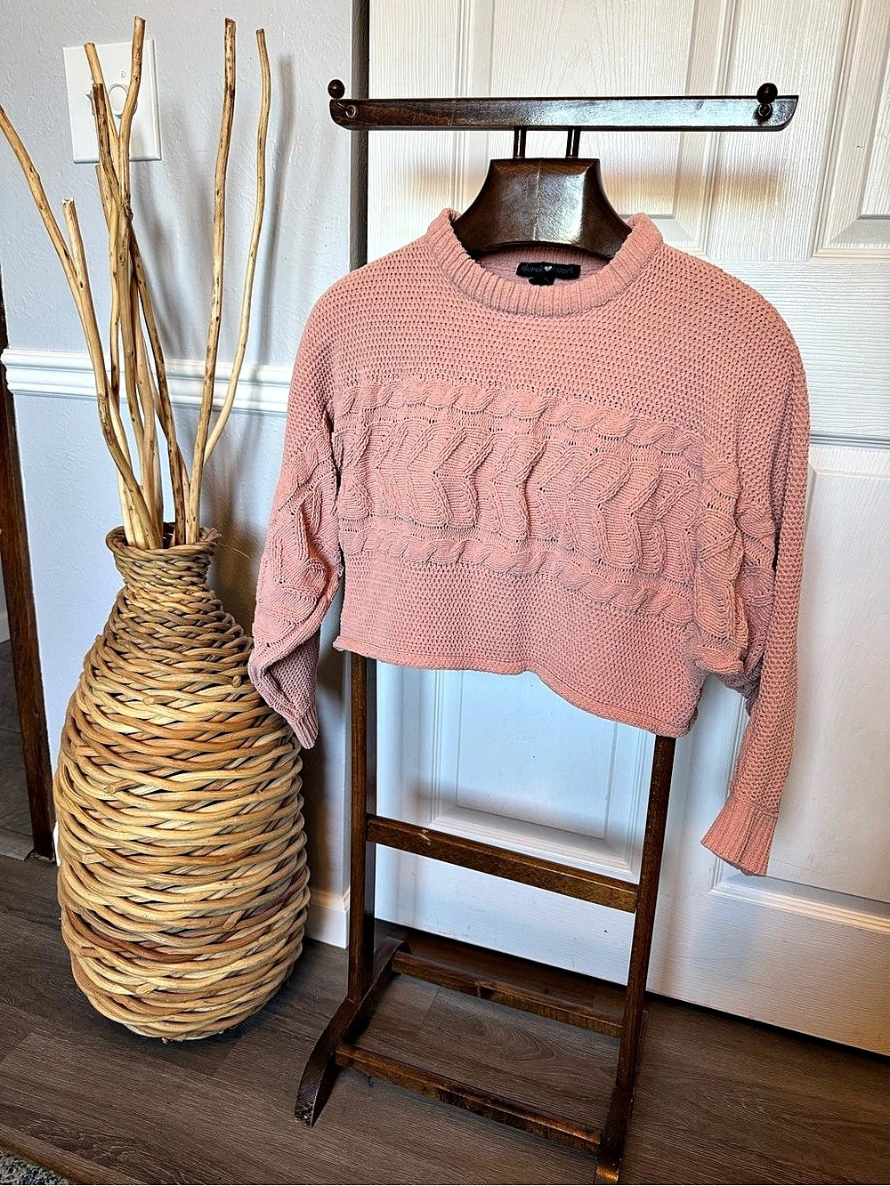 Pink Cable Knit Cropped Sweater